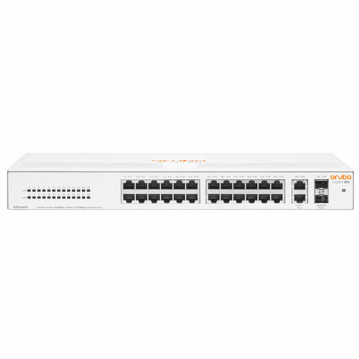 Front view of the HPE Aruba Instant On 1430 26-Port switch with 2 SFP ports, designed for simple, unmanaged Ethernet connectivity in small networks.