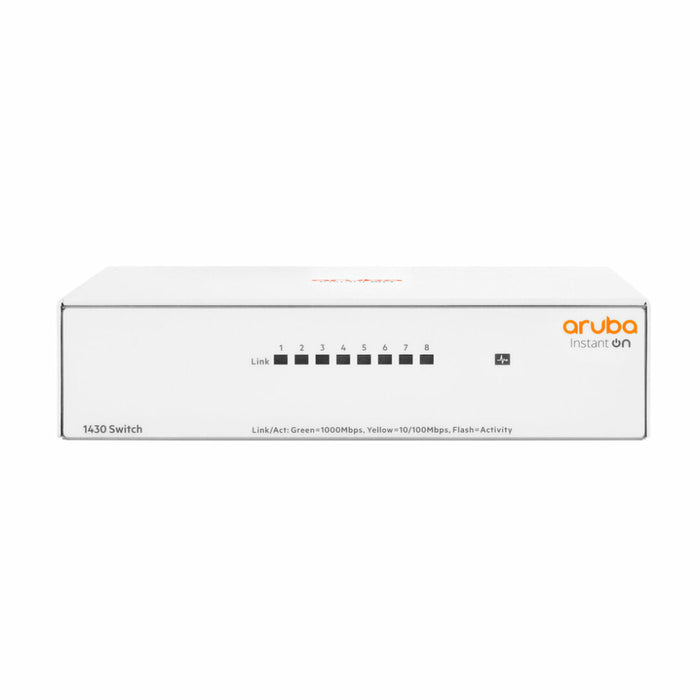 Front view of HPE Aruba Instant On 1430 8-Port Unmanaged Ethernet Switch with 64W power