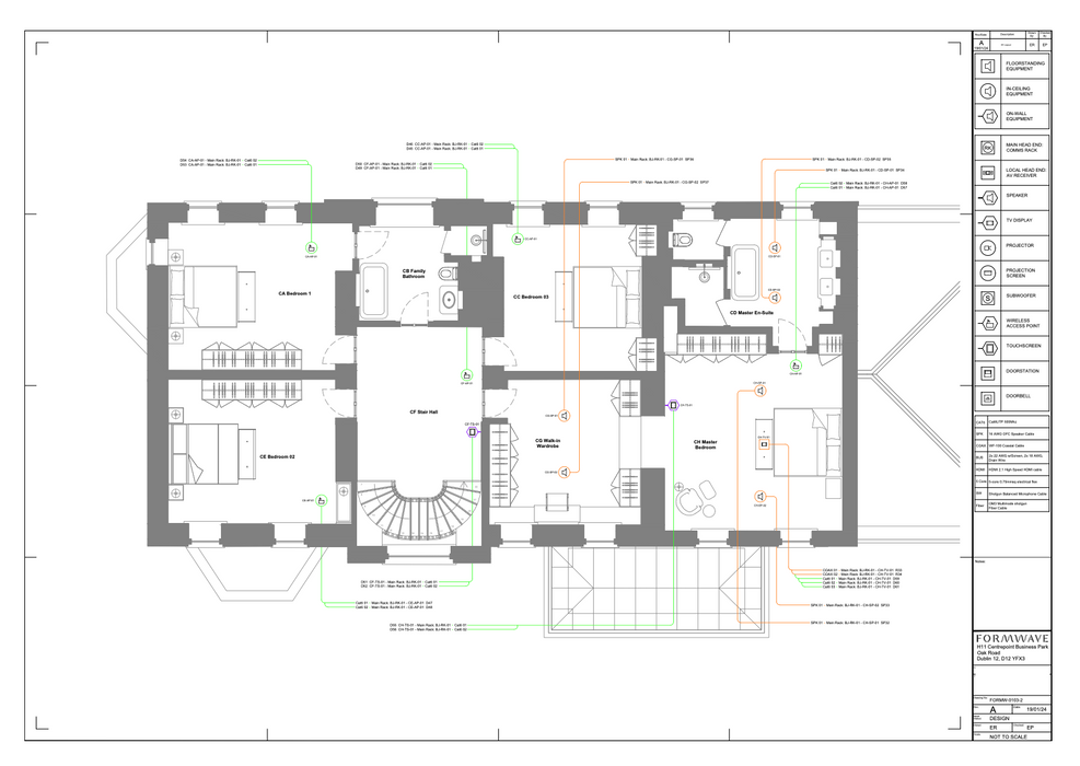 CAD drawing of a residential smart home design featuring lighting zones, AV system integration, security components, and automation control layout