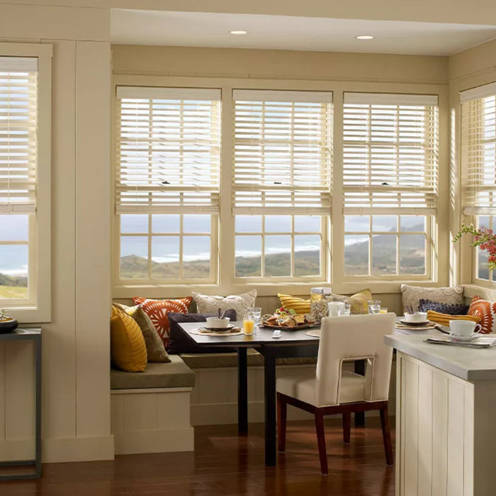Lutron Sivoia QS motorised wood blinds professionally installed in an Irish kitchen with natural light control