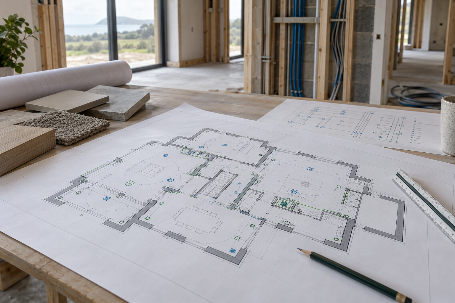 Architectural floor plan marked for network, lighting, audio and TV points in a new-build home before first fix