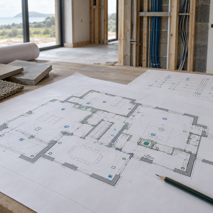 Architectural floor plan marked for network, lighting, audio and TV points in a new-build home before first fix