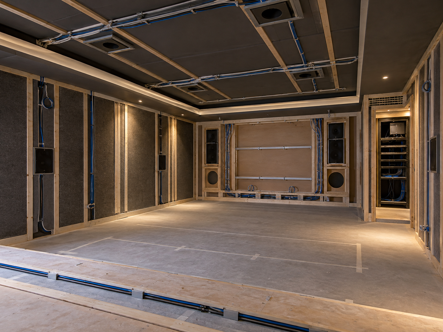 Home cinema room at first fix with planned speaker positions, cabling, screen wall and equipment rack