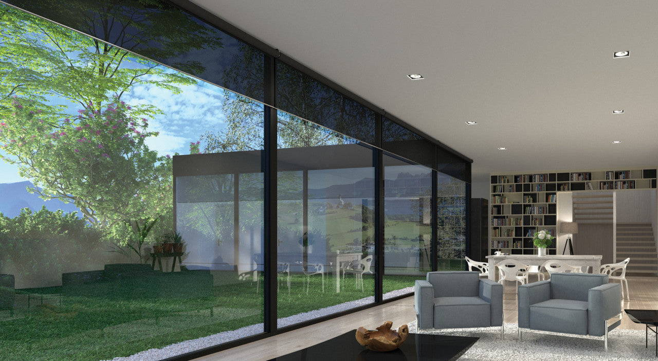 Lutron Palladiom motorised blinds in a wide, sunlit living room