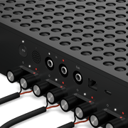 Close up of the Sonos Amp Multi rear panel with RCA inputs and subwoofer output connected