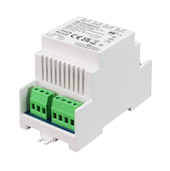 The SR-2701DIN-DT7 is a DALI-2 4 channels relay module with zero crossing detection powerd by DALI bus.