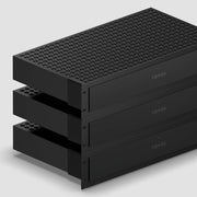 Three Sonos Amp Multi amplifiers stacked, showing 2U rack density