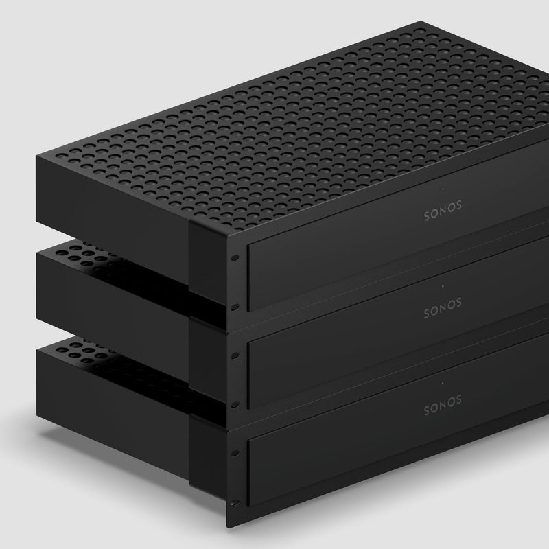 Three Sonos Amp Multi amplifiers stacked, showing 2U rack density