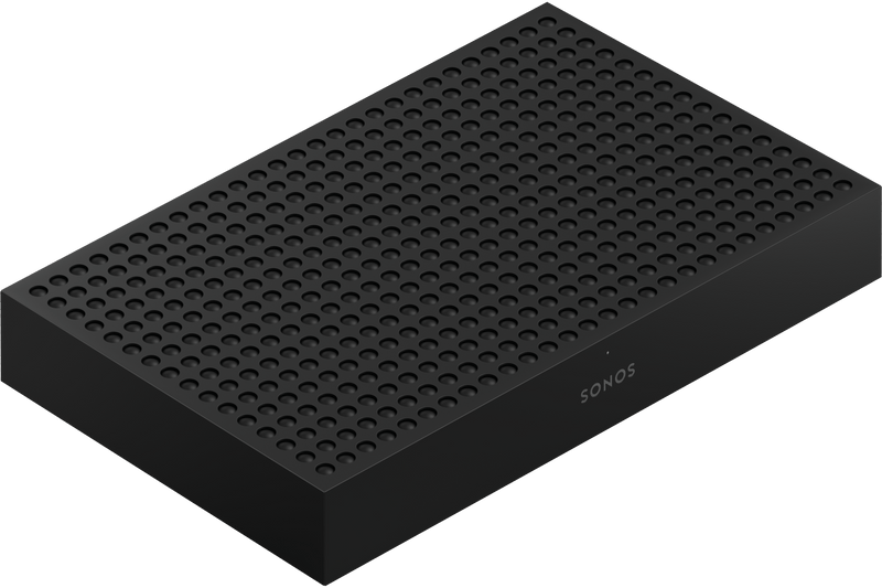 Sonos Amp Multi four zone amplifier at an angle, black fanless chassis