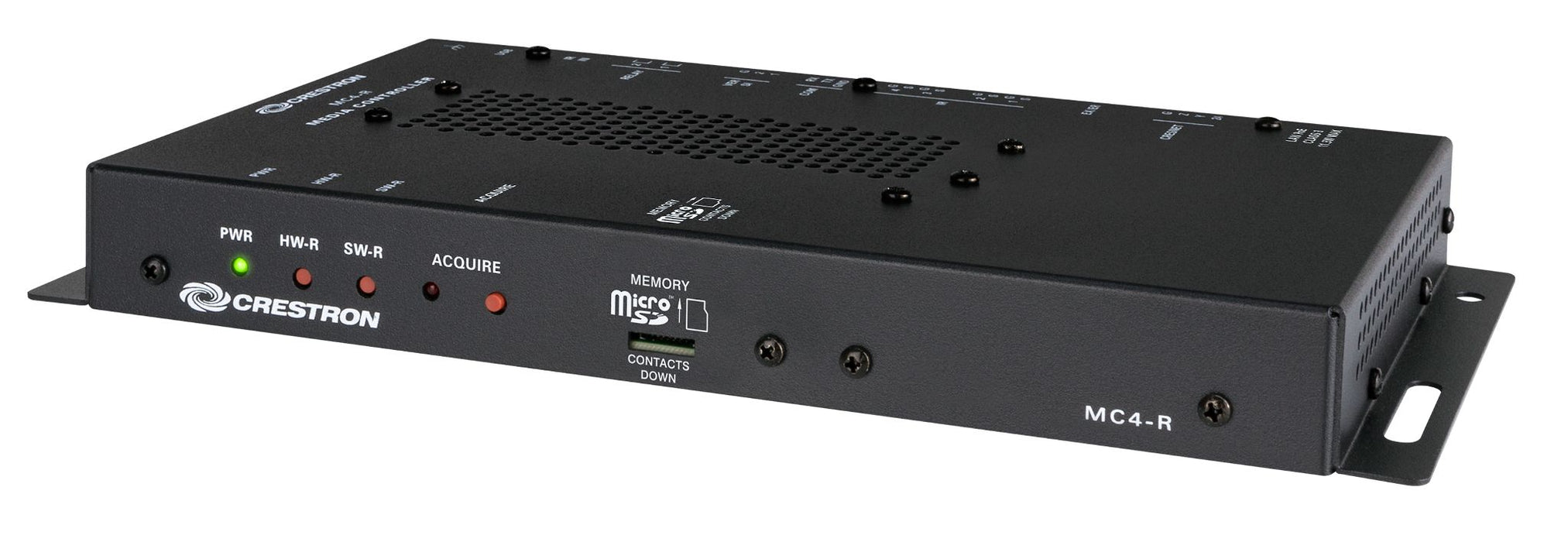 Front left view of Crestron MC4-R-I control processor showing compact design, front panel status LEDs, and mounting ears