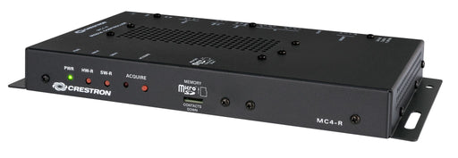 Front left view of Crestron MC4-R-I control processor showing compact design, front panel status LEDs, and mounting ears
