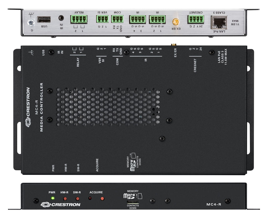 Composite image of Crestron MC4-R-I control processor showing front panel with LED indicators and rear panel with control ports, Cresnet, and network interfaces