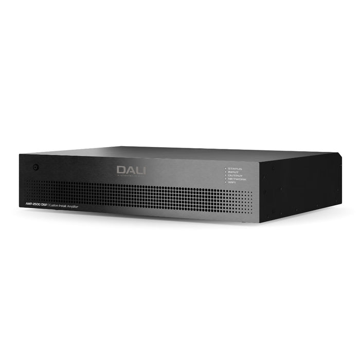 Angled view of the DALI Phantom CI Amp-2500 DSP Amplifier, highlighting its sleek, rack-friendly build and advanced DSP features for premium audio systems.
