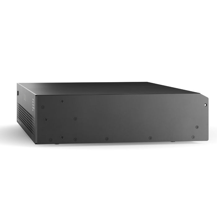 Side view of the DALI Phantom CI Amp-2500 DSP Amplifier, showcasing its slim, rack-mountable design for seamless integration in custom audio setups.
