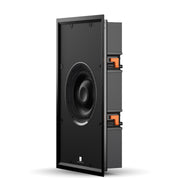 Angled view of the DALI Phantom SUB S-100 in-wall subwoofer, highlighting its slim profile and discreet design for hidden, high-impact bass performance.
