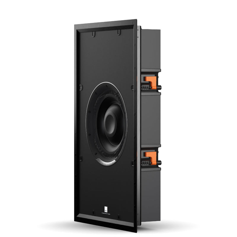 Angled view of the DALI Phantom SUB S-100 in-wall subwoofer, highlighting its slim profile and discreet design for hidden, high-impact bass performance.