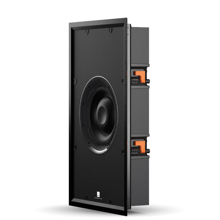 Angled view of the DALI Phantom SUB S-100 in-wall subwoofer, highlighting its slim profile and discreet design for hidden, high-impact bass performance.