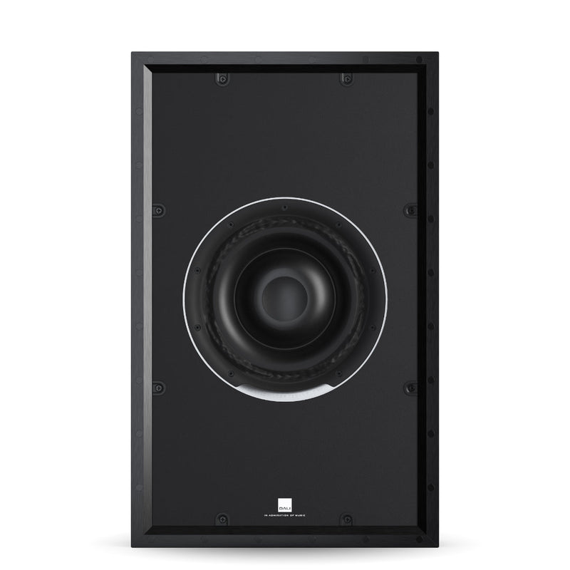 Front view of the DALI Phantom SUB S-100 in-wall subwoofer, designed for discreet, high-performance bass in custom home theater and audio installations.