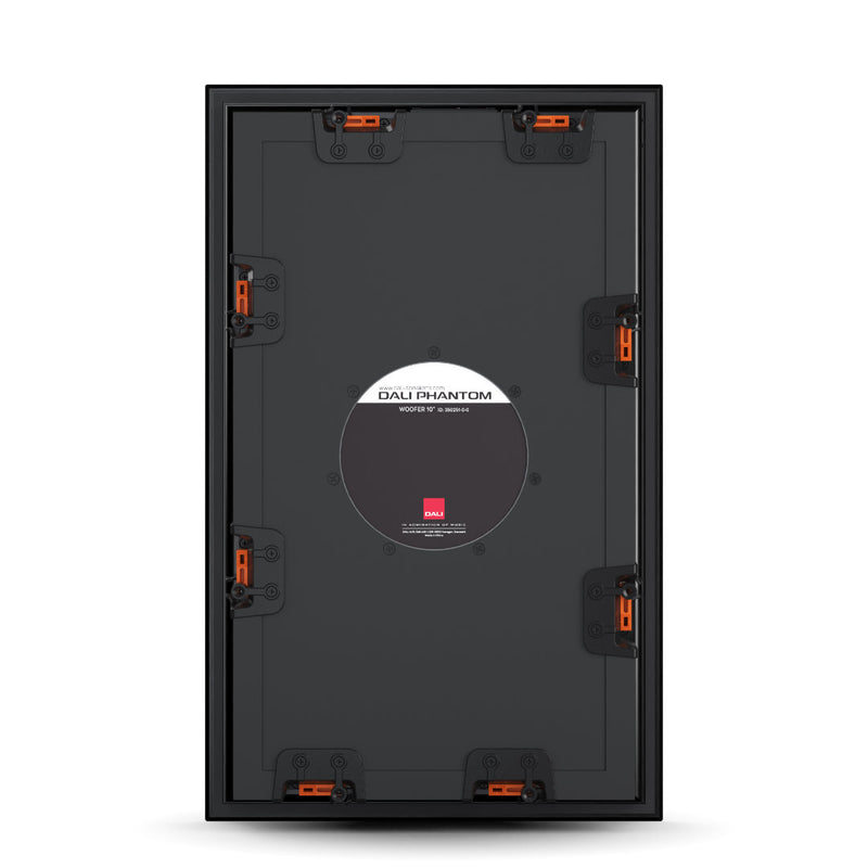 Rear view of the DALI Phantom SUB S-100 in-wall subwoofer, showing the sealed enclosure and wiring terminals for seamless in-wall bass integration.