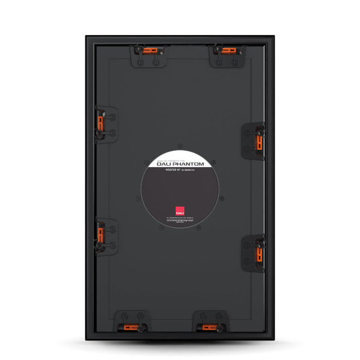 Rear view of the DALI Phantom SUB S-100 in-wall subwoofer, showing the sealed enclosure and wiring terminals for seamless in-wall bass integration.