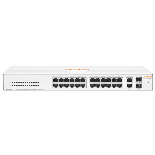 Front view of the HPE Aruba Instant On 1430 26-Port switch with 2 SFP ports, designed for simple, unmanaged Ethernet connectivity in small networks.