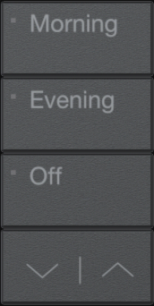 Lutron RadioRA 3 Vierti 3-button kit with raise/lower, black, engraved with Time of Day icons.