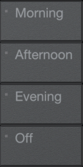 Lutron RadioRA 3 Vierti 4-button kit, black, engraved with Time of Day icons.
