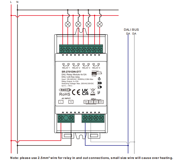 SR-2701DIN-DT7- Wiring Diagram. Product Dimension. DA DA. DALI BUS. L. N. 1. 1. 0 .0. 0 m m. 53.00 mm. 65.00 mm