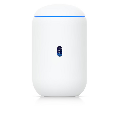 Unifi Dream Router 7 shown with sleek design, featuring Wi-Fi 7 support, built-in security gateway, and integrated UniFi network management