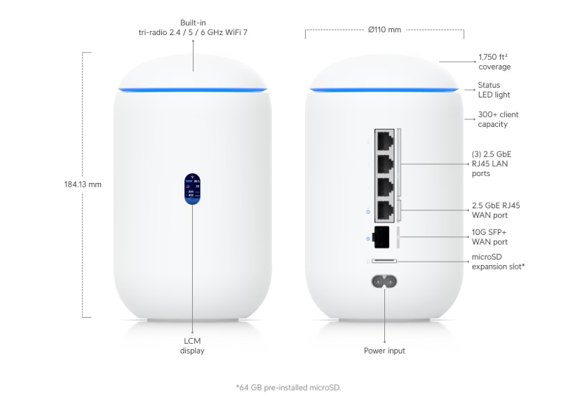 Unifi Dream Router 7 device with compact design, offering high-speed Wi-Fi 7 connectivity, advanced firewall, and UniFi OS integration