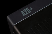 Close-up of the A25+ logo on the top corner of the black Arcam A25+ integrated amplifier