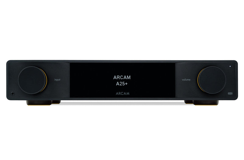 Arcam A25+ integrated amplifier in black, front view with input and volume dials and central display