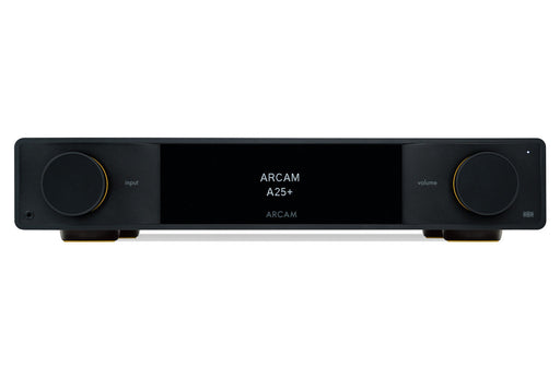Arcam A25+ integrated amplifier in black, front view with input and volume dials and central display