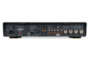 Rear panel of the Arcam A25+ integrated amplifier showing HDMI eARC, USB-C, RCA, phono and speaker terminals