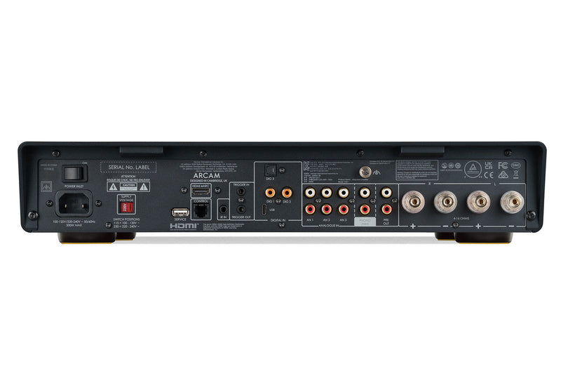 Rear panel of the Arcam A25+ integrated amplifier showing HDMI eARC, USB-C, RCA, phono and speaker terminals
