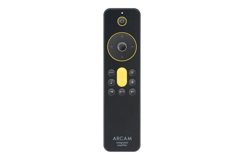 Black Arcam remote control for the A25+ integrated amplifier with volume ring and playback buttons