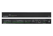 Composite image of Crestron CP4-R control processor showing front panel with LED indicators and rear panel with Ethernet,...