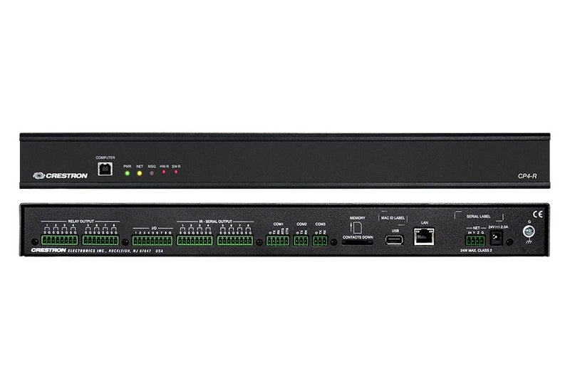 Composite image of Crestron CP4-R control processor showing front panel with LED indicators and rear panel with Ethernet,...