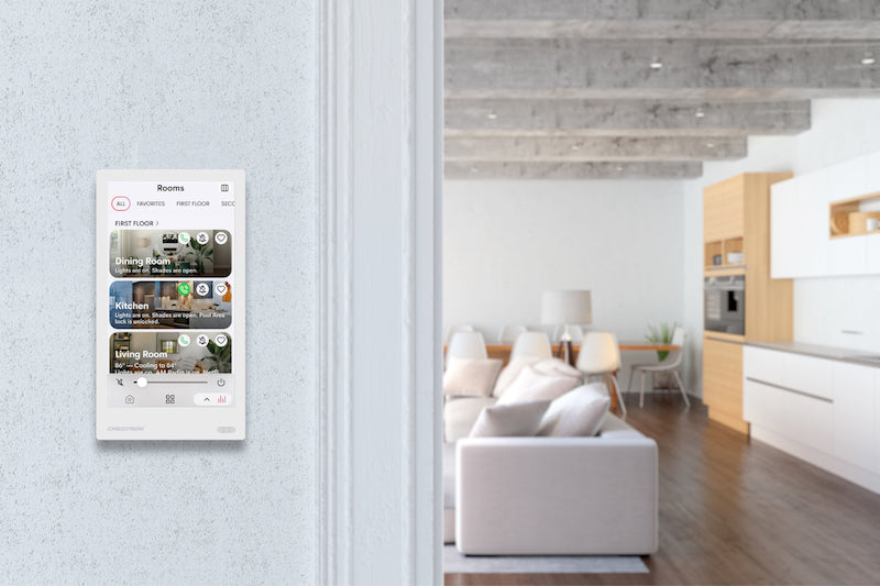 Crestron Home touchscreen control panel with intuitive interface for smart home automation, including lighting, climate, and...