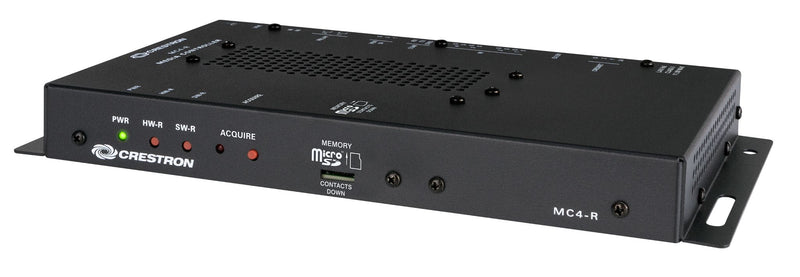 Front left view of Crestron MC4-R-I control processor showing compact design, front panel status LEDs, and mounting ears