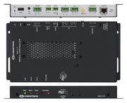 Composite image of Crestron MC4-R-I control processor showing front panel with LED indicators and rear panel with control...