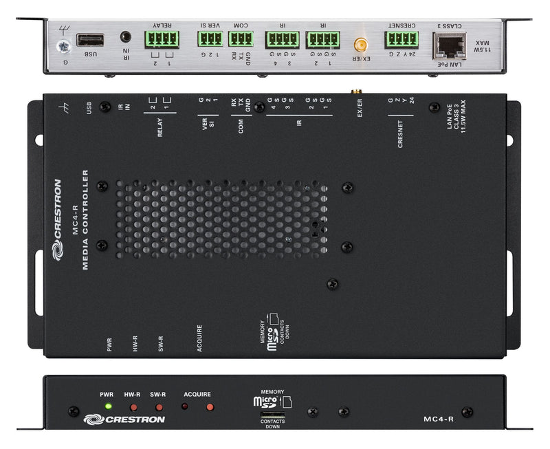 Composite image of Crestron MC4-R-I control processor showing front panel with LED indicators and rear panel with control...