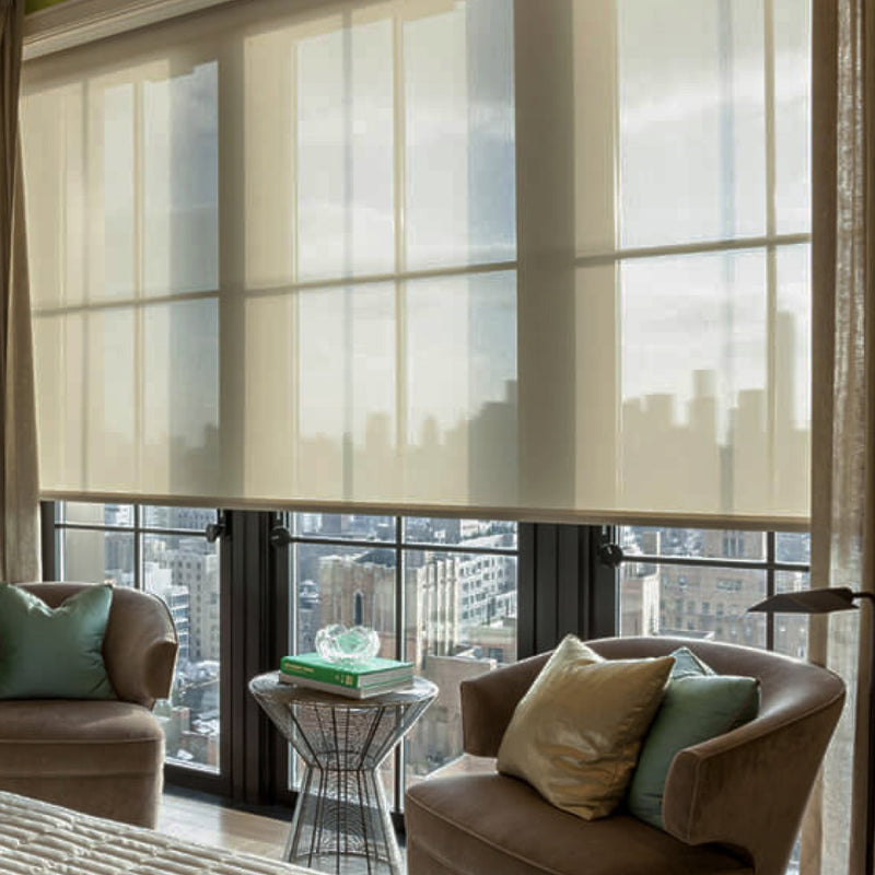 Detail of Crestron roller shade fabric and fascia hardware in a modern interior