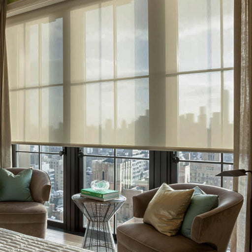 Detail of Crestron roller shade fabric and fascia hardware in a modern interior