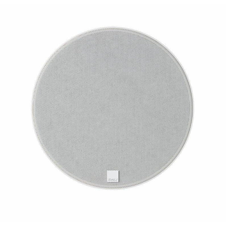 DALI Phantom E60 in-ceiling speaker with white magnetic grille fitted.