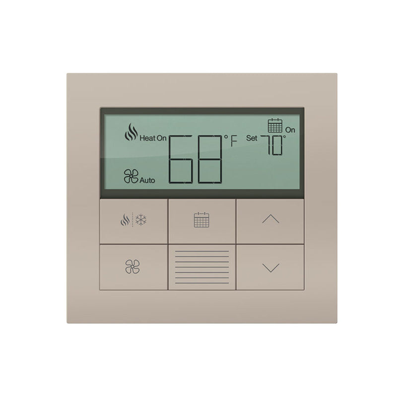 Lutron Palladiom Thermostat in Bright Nickel finish, wall-mounted, part of the HomeWorks system by Formwave