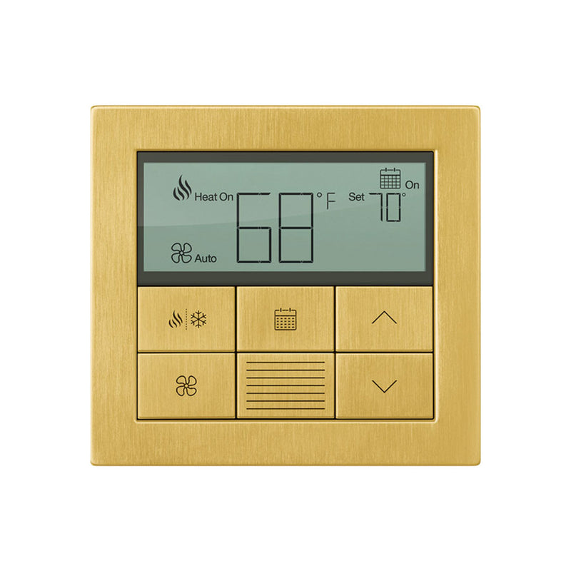 Lutron Palladiom Thermostat in Satin Brass finish, wall-mounted, part of the HomeWorks system by Formwave