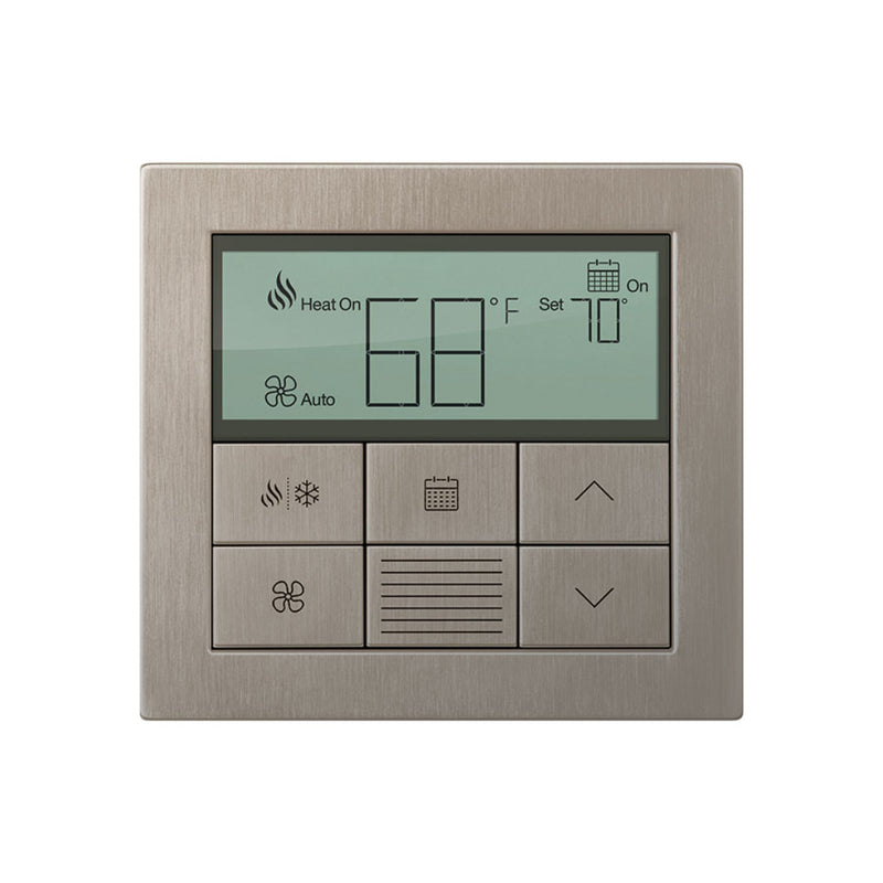 Lutron Palladiom Thermostat in Glass Satin Nickel finish, wall-mounted, part of the HomeWorks system by Formwave