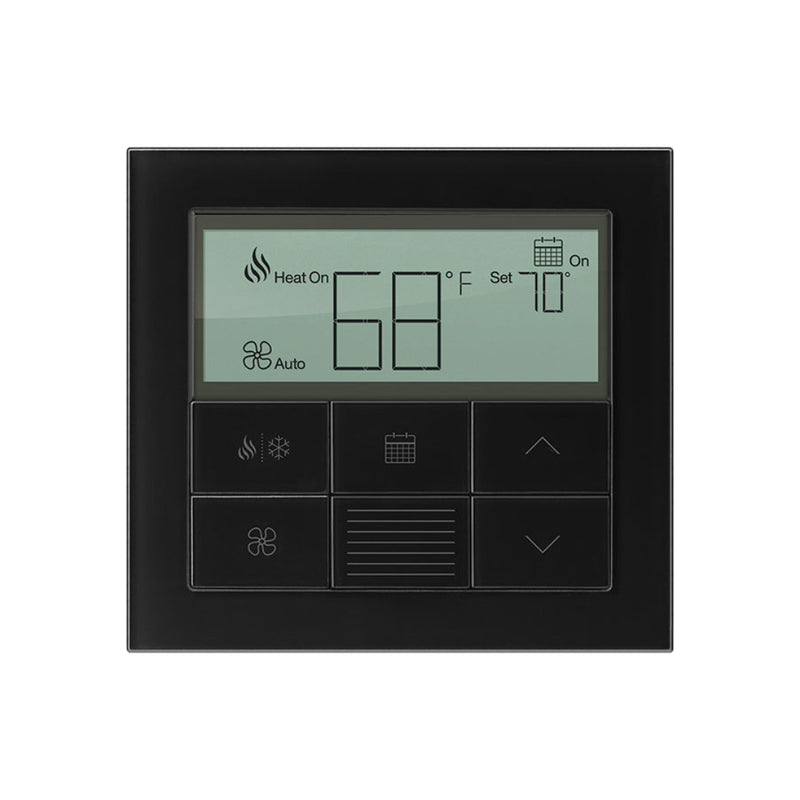 Lutron Palladiom Thermostat in Glass Black finish, wall-mounted, part of the HomeWorks system by Formwave