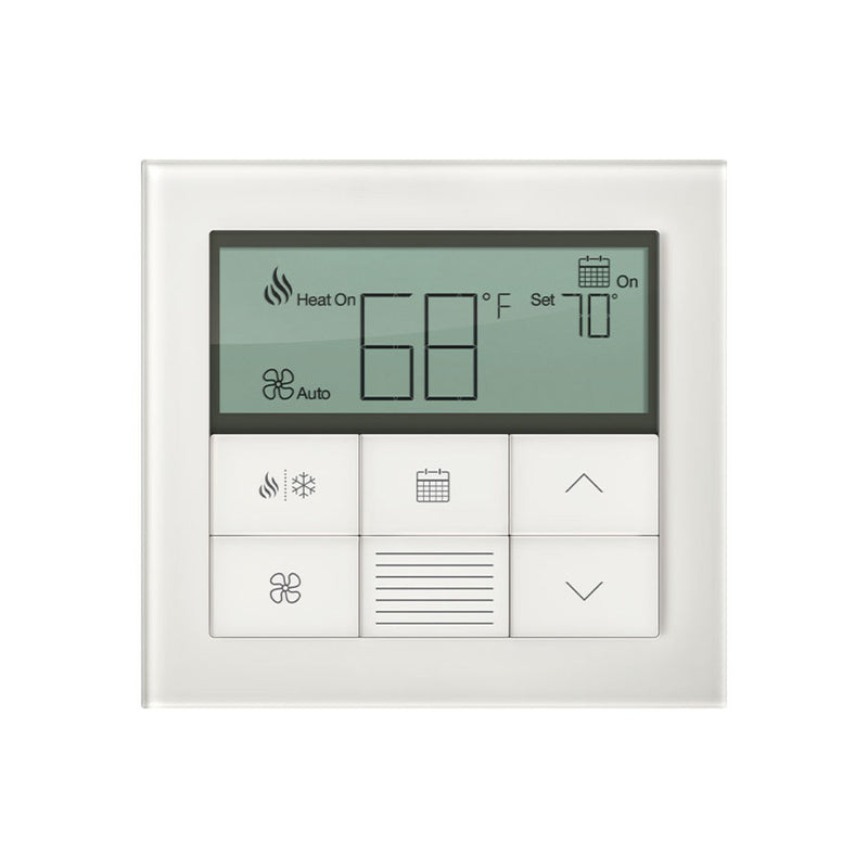 Lutron Palladiom Thermostat in Glass White finish, wall-mounted, part of the HomeWorks system by Formwave
